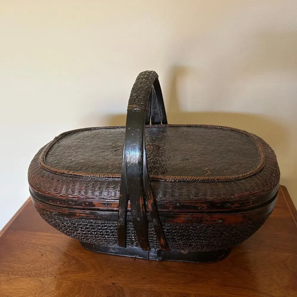 Vintage, Hand-Woven Chinese Bamboo and Rattan Basket, Black Lacquer